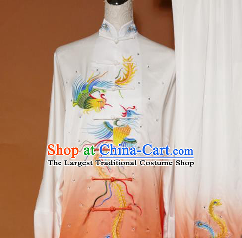 Top Tai Ji Training Embroidered Phoenix Orange Uniform Kung Fu Group Competition Costume for Women