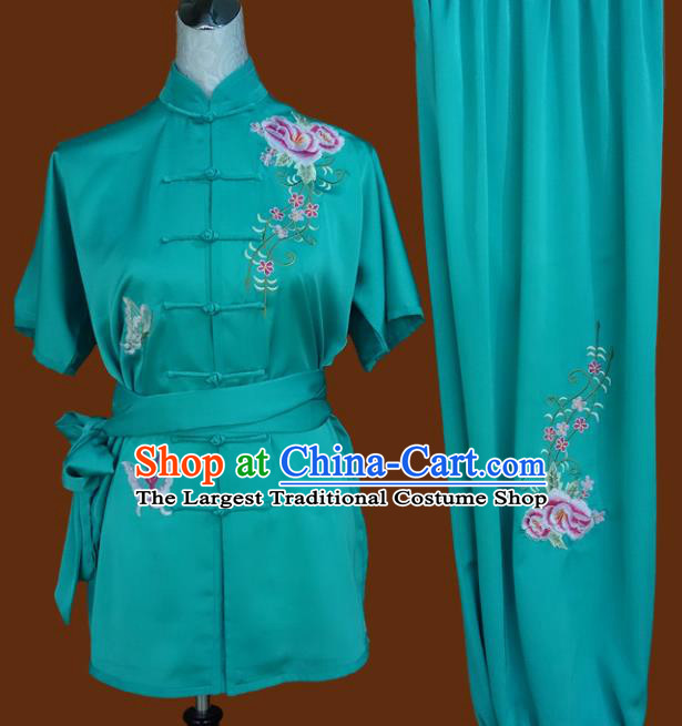 Chinese Traditional Tai Chi Embroidered Roses Uniform Kung Fu Group Competition Costume for Women