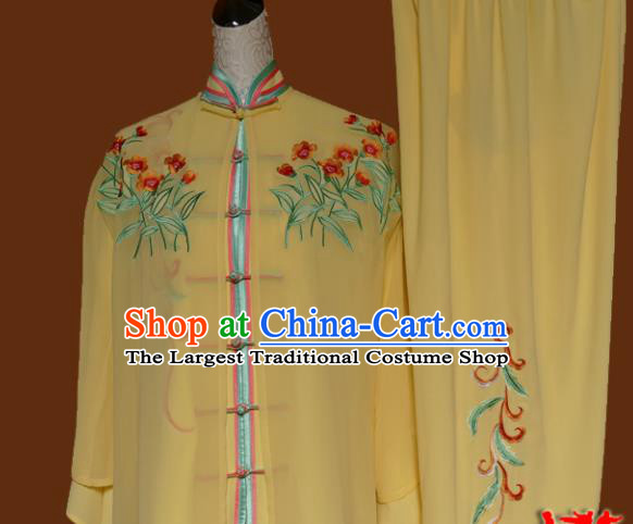Top Tai Ji Training Embroidered Yellow Silk Uniform Kung Fu Group Competition Costume for Women