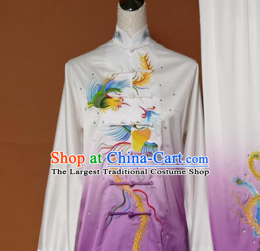 Chinese Traditional Tai Chi Training Embroidered Phoenix Purple Silk Uniform Kung Fu Group Competition Costume for Women