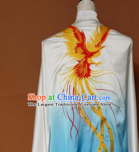 Chinese Traditional Tai Chi Training Embroidered Phoenix Blue Silk Uniform Kung Fu Group Competition Costume for Women