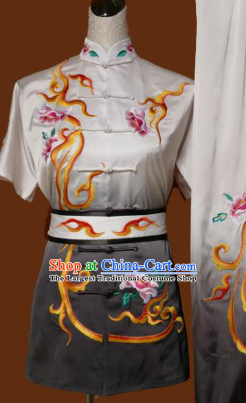 Chinese Traditional Tai Chi Training Embroidered Peony Grey Uniform Kung Fu Group Competition Costume for Women