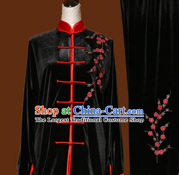 Chinese Traditional Tai Chi Embroidered Plum Blossom Black Uniform Kung Fu Group Competition Costume for Women