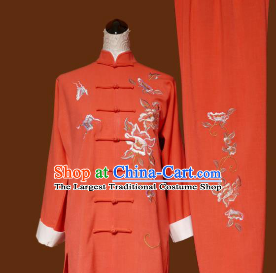 Top Grade Kung Fu Embroidered Peony Orange Costume Chinese Martial Arts Training Tai Ji Uniform for Adults