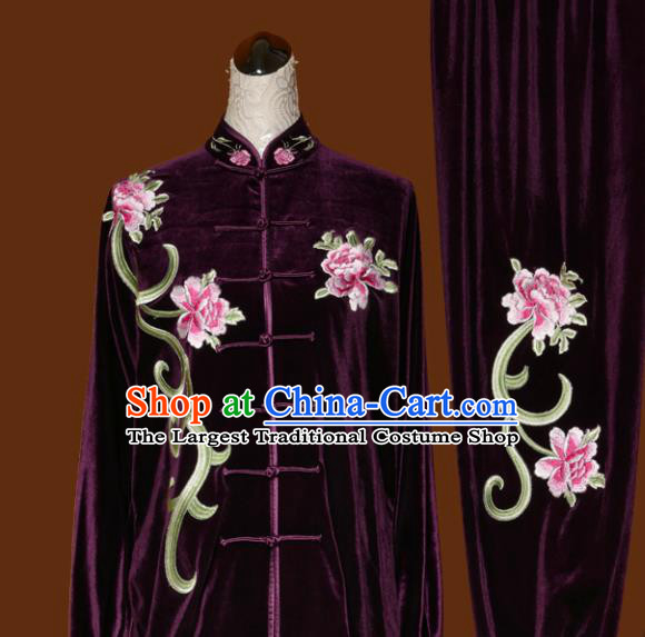Chinese Traditional Tai Chi Embroidered Peony Purple Velvet Uniform Kung Fu Group Competition Costume for Women