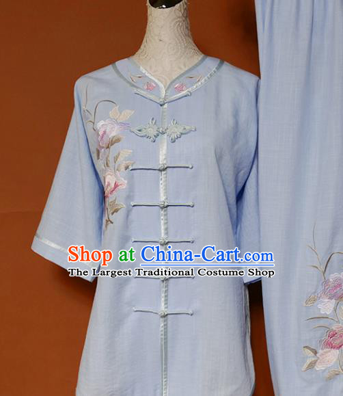 Chinese Traditional Tai Chi Embroidered Blue Uniform Kung Fu Group Competition Costume for Women