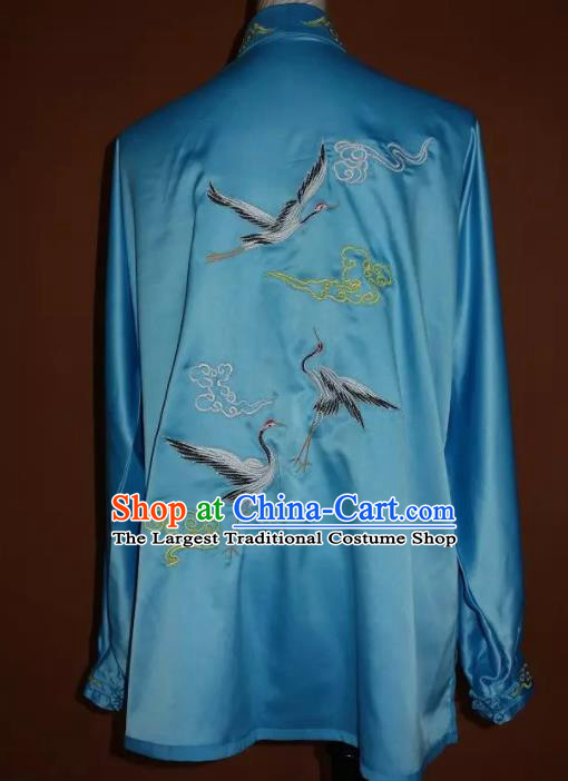 Top Grade Kung Fu Embroidered Cranes Blue Costume Chinese Tai Chi Martial Arts Training Uniform for Adults
