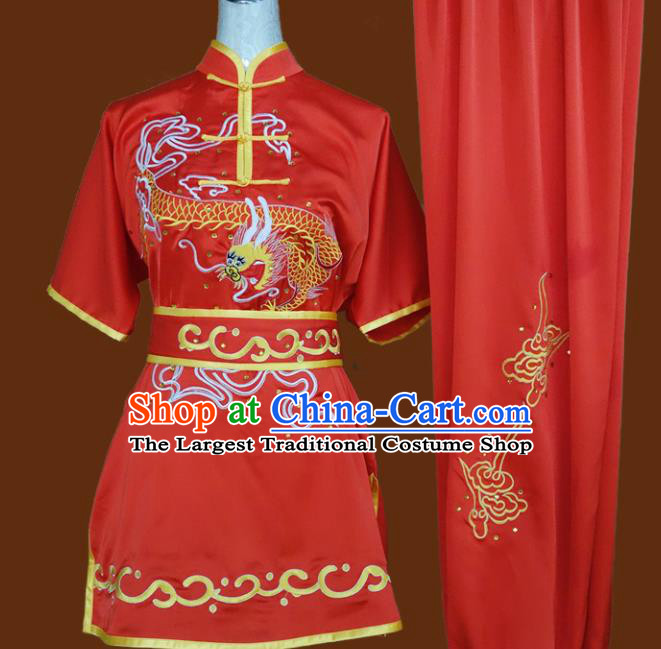 Top Grade Kung Fu Embroidered Dragon Red Costume Chinese Tai Chi Martial Arts Training Uniform for Adults