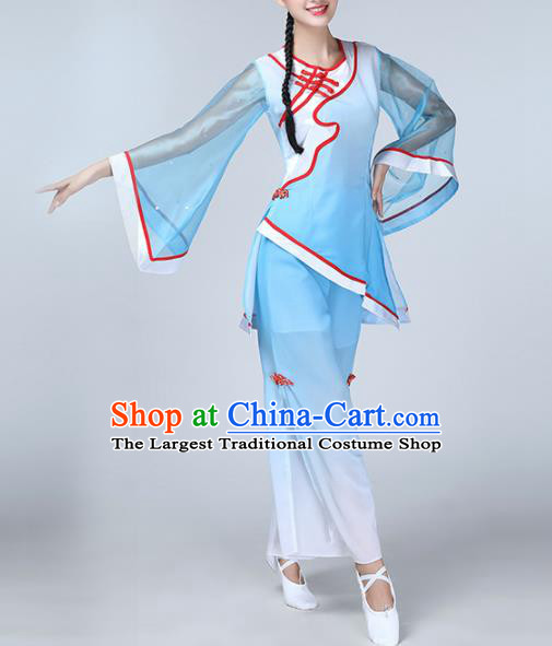 Chinese Traditional Stage Performance Folk Dance Costume National Fan Dance Blue Clothing for Women