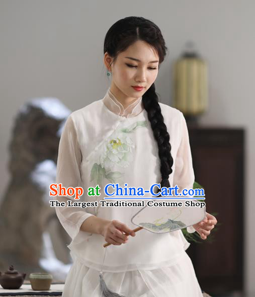 Chinese National Costume Traditional Classical Cheongsam White Blouse for Women