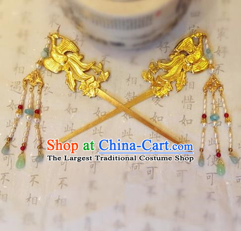 Chinese Ancient Handmade Golden Phoenix Hairpins Traditional Classical Hair Accessories for Women