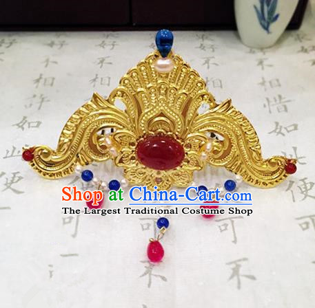 Chinese Ancient Handmade Agate Hair Crown Golden Hairpins Traditional Classical Hair Accessories for Women
