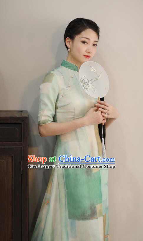 Chinese National Costume Traditional Classical Cheongsam Printing Green Qipao Dress for Women