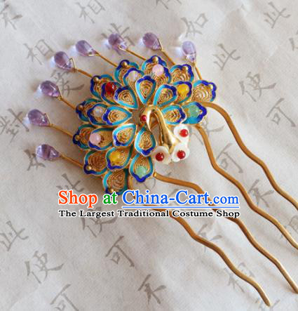 Chinese Ancient Handmade Cloisonne Peacock Hairpins Traditional Classical Hair Accessories for Women