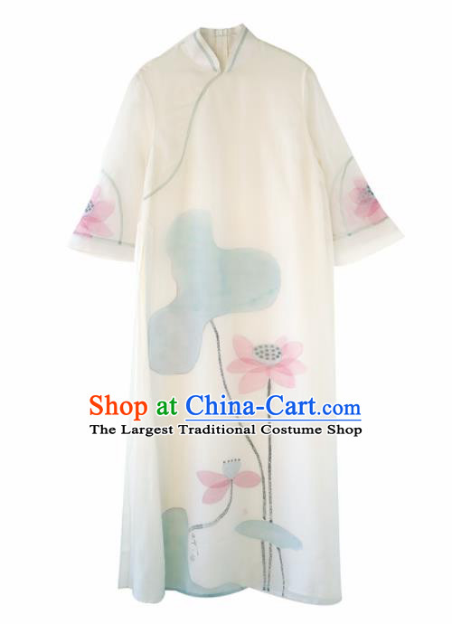 Chinese National Costume Traditional Classical Cheongsam Printing Lotus White Qipao Dress for Women