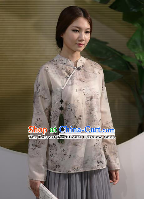 Chinese National Costume Traditional Classical Cheongsam Printing Silk Blouse for Women