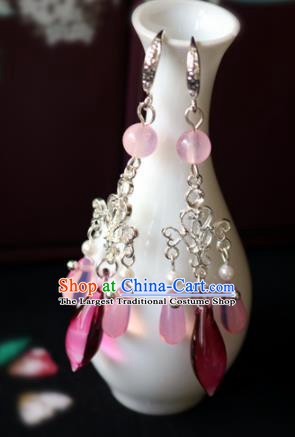 Chinese Ancient Traditional Handmade Pink Coloured Glaze Earrings Classical Ear Accessories for Women