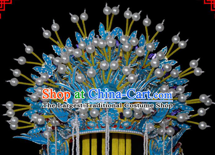 Chinese Beijing Opera Hair Accessories Ancient Imperial Consort Blue Phoenix Coronet for Women