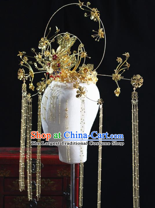 Chinese Ancient Handmade Bride Hairpins Traditional Golden Phoenix Coronet Wedding Hair Accessories for Women