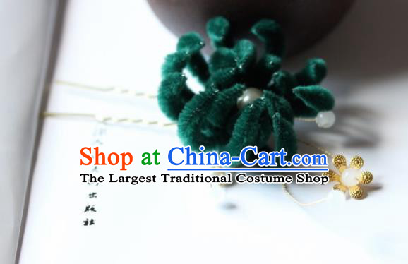 Top Grade Chinese Ancient Palace Deep Green Velvet Flower Hairpins Traditional Hair Accessories Headdress for Women