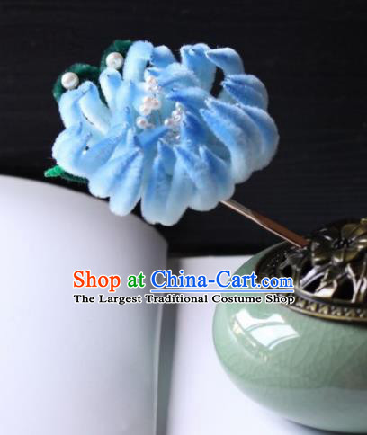 Top Grade Chinese Ancient Palace Blue Velvet Chrysanthemum Hairpins Traditional Hair Accessories Headdress for Women