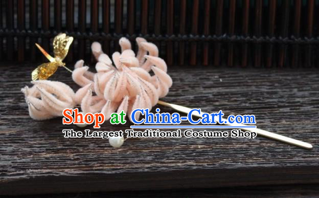 Top Grade Chinese Ancient Palace Queen Pink Velvet Chrysanthemum Dragonfly Hairpins Traditional Hair Accessories Headdress for Women