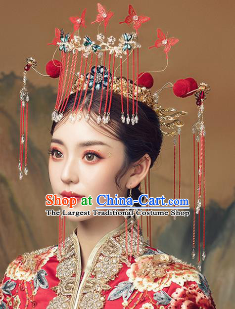 Chinese Ancient Palace Red Butterfly Tassel Phoenix Coronet Hairpins Traditional Wedding Hair Accessories for Women