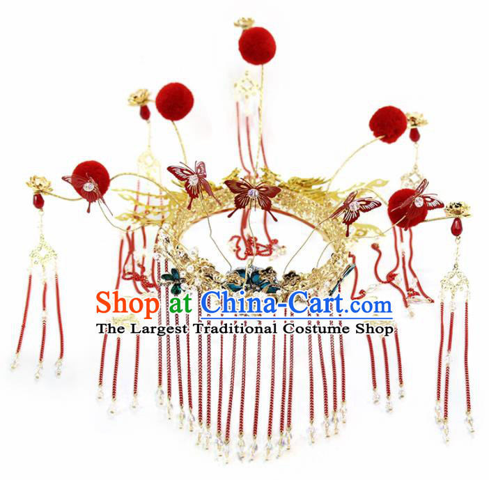 Chinese Ancient Palace Red Butterfly Tassel Phoenix Coronet Hairpins Traditional Wedding Hair Accessories for Women