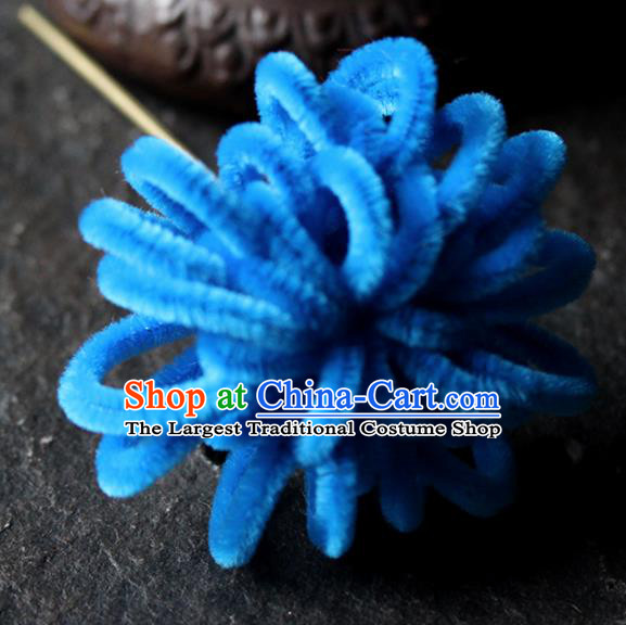 Chinese Traditional Palace Royalblue Velvet Flower Hairpins Ancient Wedding Hair Accessories for Women