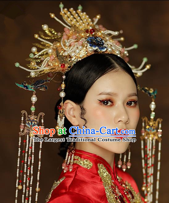 Chinese Ancient Palace Queen Blueing Phoenix Coronet Hairpins Traditional Hair Accessories Headdress for Women