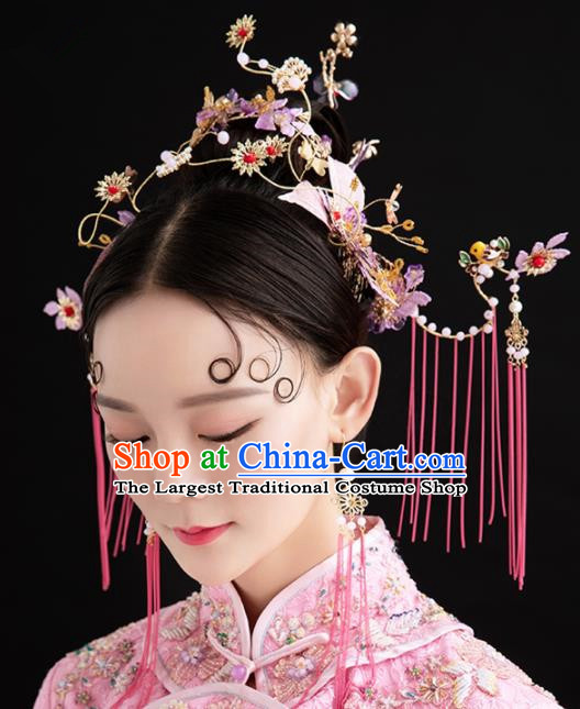 Chinese Ancient Palace Queen Purple Flowers Phoenix Coronet Hairpins Traditional Hair Accessories Headdress for Women