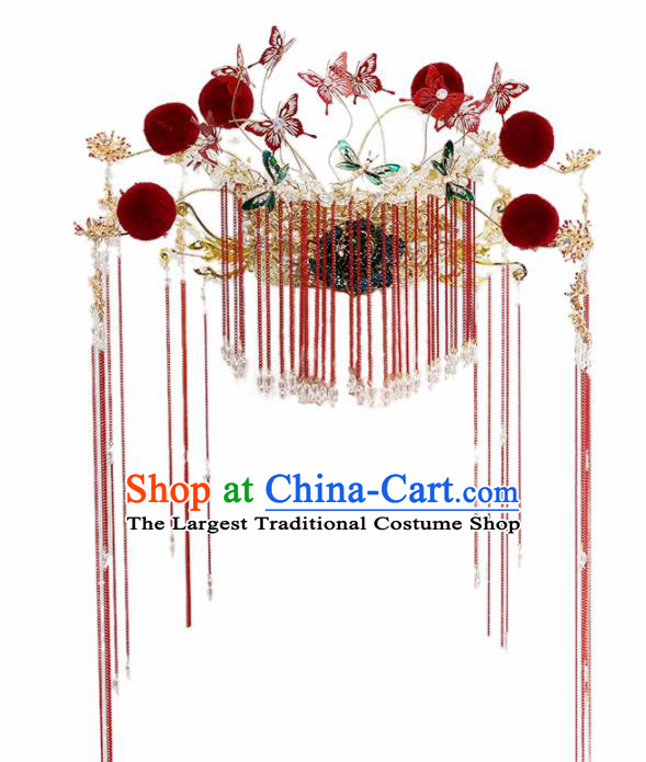 Chinese Ancient Palace Queen Red Tassel Phoenix Coronet Hairpins Traditional Hair Accessories Headdress for Women