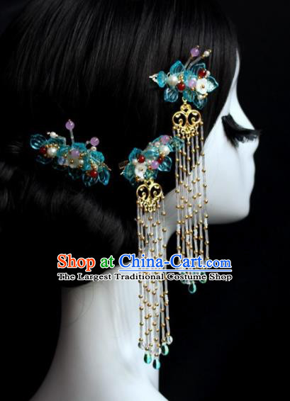 Chinese Ancient Palace Blue Flowers Hair Sticks Hairpins Traditional Hair Accessories Headdress for Women