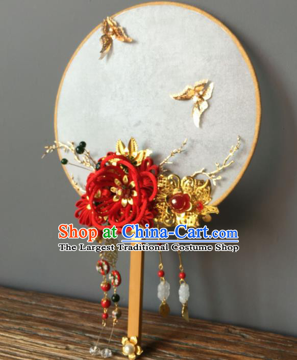 Chinese Handmade Bride Classical Red Velvet Flower Palace Fans Wedding Accessories Round Fan for Women