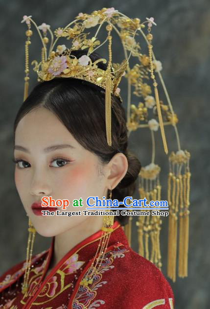 Chinese Ancient Bride Golden Tassel Phoenix Coronet Hairpins Traditional Hair Accessories Headdress for Women