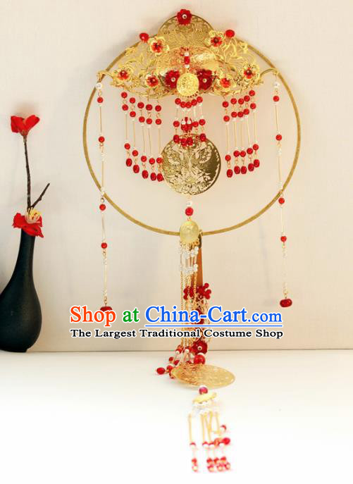 Chinese Handmade Classical Red Tassel Palace Fans Wedding Bride Accessories Round Fan for Women