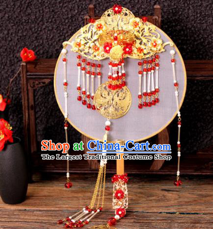 Chinese Handmade Classical Red Tassel Palace Fans Wedding Bride Accessories Round Fan for Women