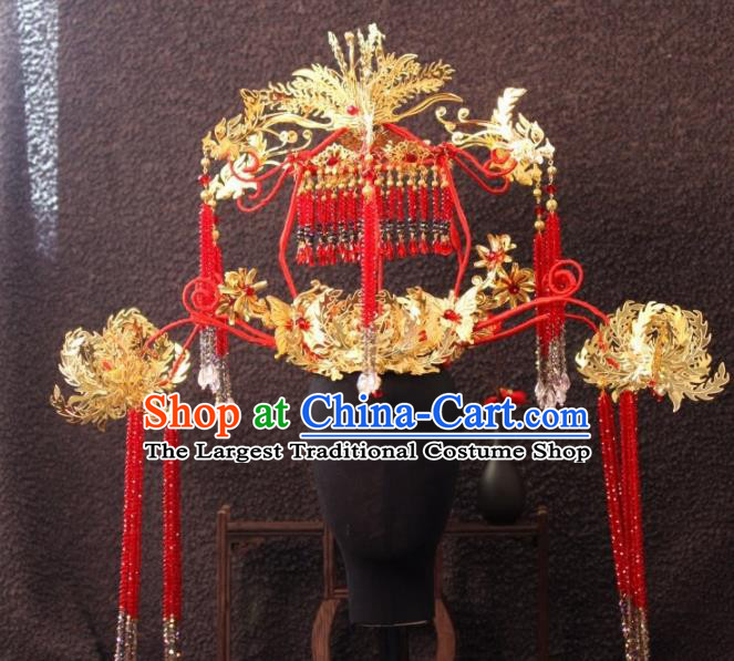 Top Grade Chinese Ancient Queen Hairpins Red Beads Tassel Phoenix Coronet Traditional Hair Accessories Headdress for Women