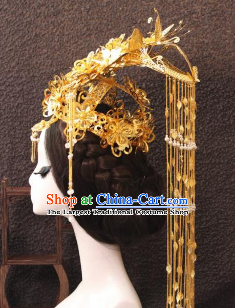 Top Grade Chinese Ancient Bride Hairpins Golden Tassel Phoenix Coronet Traditional Hair Accessories Headdress for Women