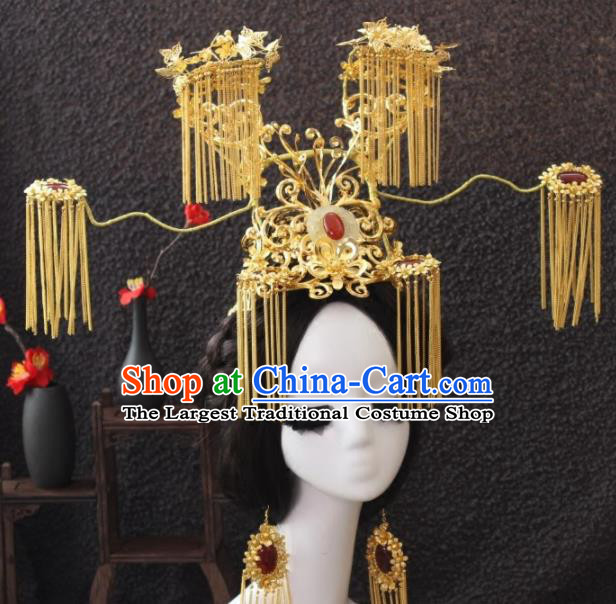 Top Grade Chinese Ancient Bride Golden Tassel Jade Phoenix Coronet Traditional Hair Accessories Headdress for Women