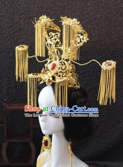 Top Grade Chinese Ancient Bride Golden Tassel Jade Phoenix Coronet Traditional Hair Accessories Headdress for Women