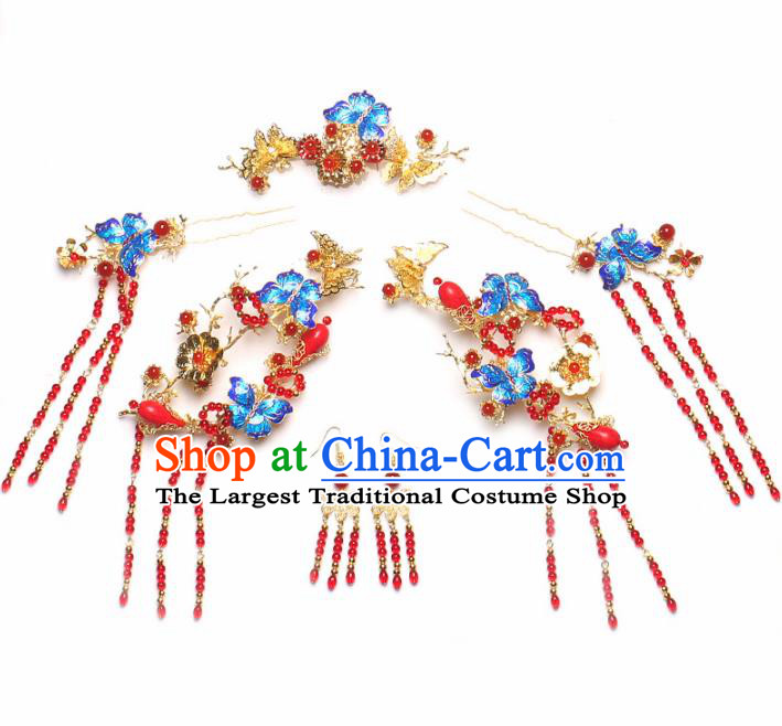 Top Grade Chinese Ancient Bride Wedding Blueing Butterfly Hair Comb Hairpins Traditional Hair Accessories Headdress for Women