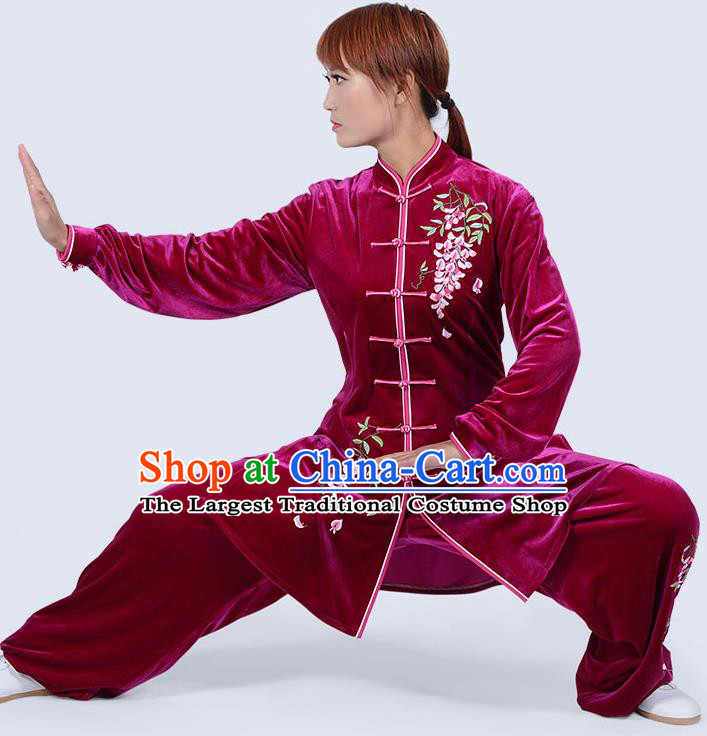 Chinese Traditional Kung Fu Embroidered Rosy Pleuche Costume Martial Arts Tai Ji Competition Clothing for Women