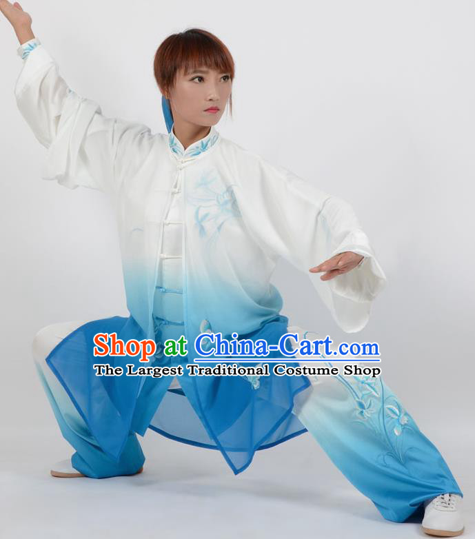 Chinese Traditional Kung Fu Printing Orchid Blue Costume Martial Arts Tai Ji Competition Clothing for Women