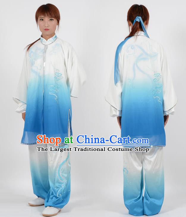 Chinese Traditional Kung Fu Embroidered Phoenix Blue Costume Martial Arts Tai Ji Competition Clothing for Women