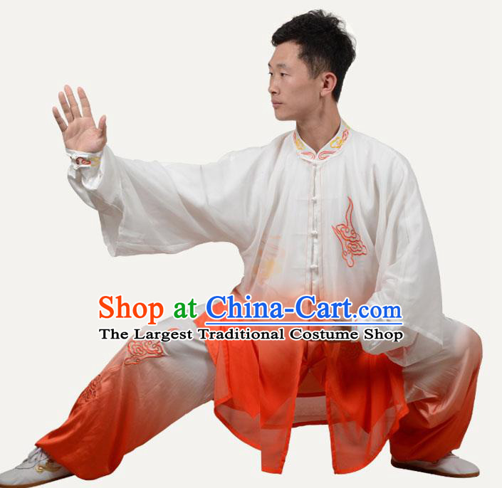 Chinese Traditional Kung Fu Embroidered Costume Martial Arts Tai Ji Competition Orange Clothing for Men