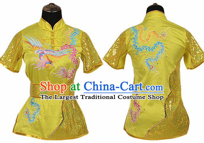 Chinese Traditional Kung Fu Embroidered Phoenix Yellow Costume Martial Arts Competition Clothing for Women