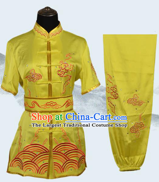 Chinese Traditional Kung Fu Embroidered Clouds Yellow Costume Martial Arts Tai Ji Competition Clothing for Men