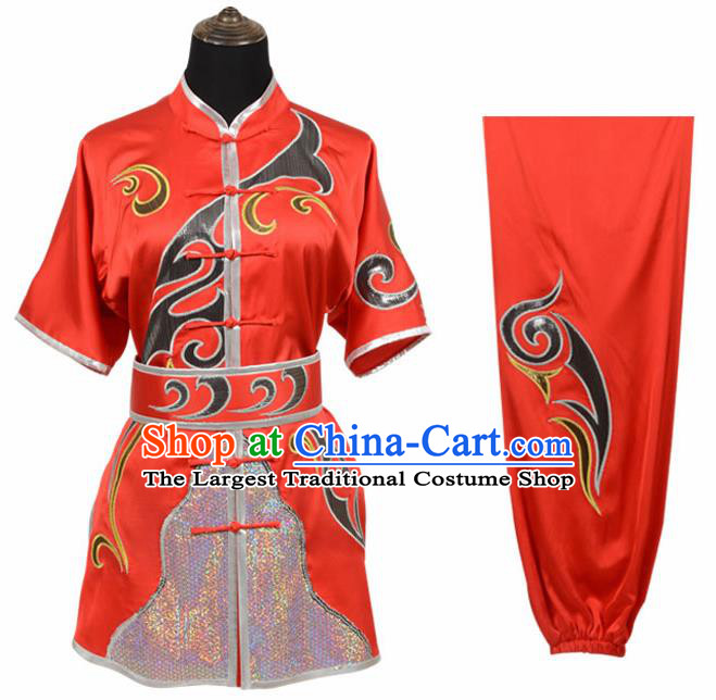 Chinese Traditional Kung Fu Embroidered Red Costume Martial Arts Tai Ji Competition Clothing for Men