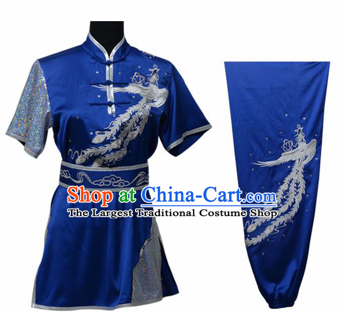 Chinese Traditional Kung Fu Printing Phoenix Royalblue Costume Martial Arts Competition Clothing for Women